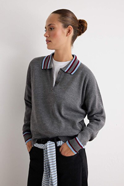 Trendyol Collection Anthracite Color Block Polo Collar Knitwear Sweater Twoaw...