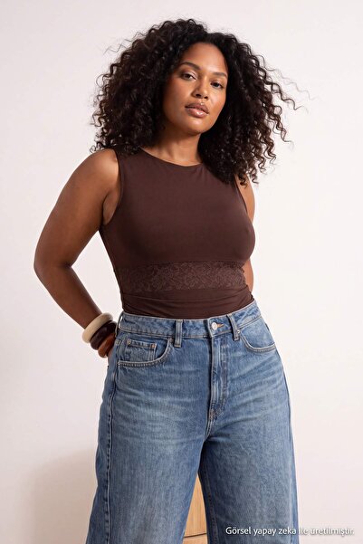 Trendyol Curve Brown Lace Detailed Plus Size Knitted Blouse Tbbss26Cs00014