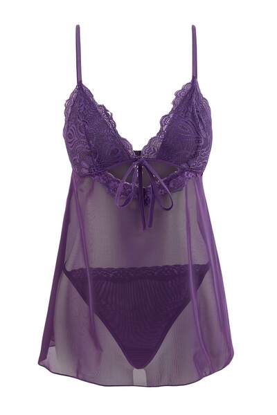 Trendyol Collection Purple Thin Straps Cut Out Detailed Tulle Babydoll/Fantas...