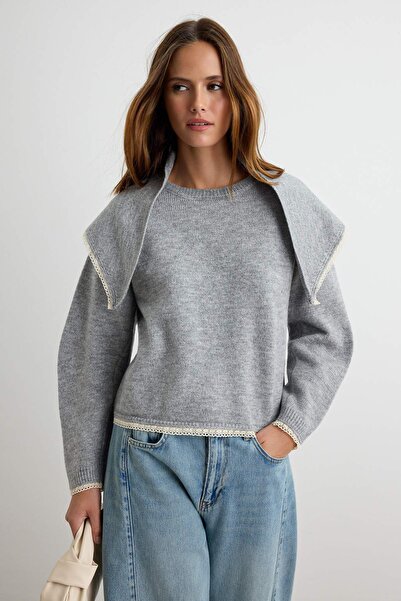 Trendyol Collection Dark Gray Soft Textured Lace Detailed Crew Neck Shawl Col...
