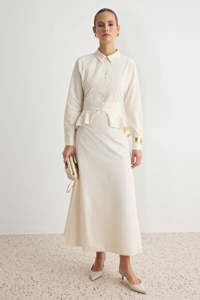 Trendyol Modest Light Yellow Cotton Dress with Removable Waist Accessory Tcts...