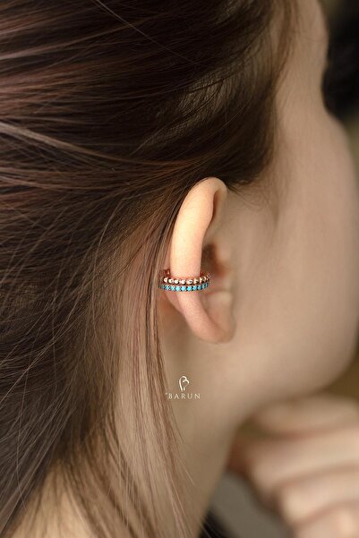 BY BARUN SİLVER Kıkırdak Earcuff Halka Yuvarlak Burgu 925 Ayar Taşlı Mavi Fir...