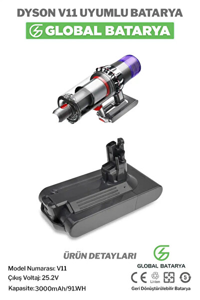 GLOBAL BATARYA DYSÖN V11 Uyumlu Dikey Süpürge Bataryası 3600mah 25.2v Li-ion ...