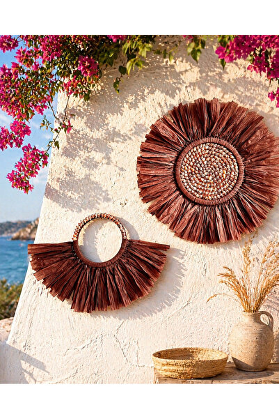 Home Bohem Handmade 2'li Set Deniz Boncuklu Kahverengi Doğal Rafya Duvar Süsü