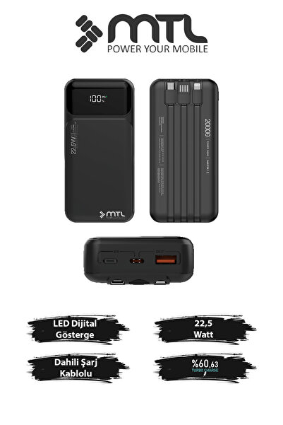 MTL 20000 mAh 22.5W Turbo Şarj Dahili Kablolu Dijital Led Göstergeli PD ve QC...
