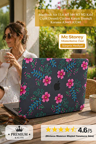 Mcstorey MacBook Air 13,6 M5 M4 M3 M2 Kılıf Çiçek Desenli Çizilme Karşıtı Dir...