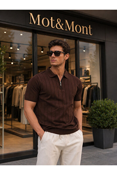 Men's Slim Fit Zippered Polo Collar Striped Knitwear T-Shirt Brown
