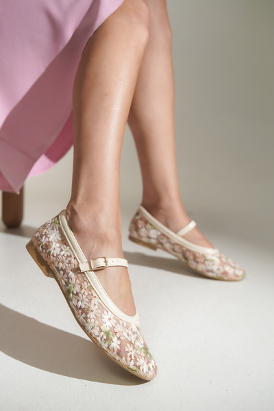 Capone Outfitters Γυναικείες μπαλαρίνες Gabey με λουράκια, διχτυωτό σχέδιο λο...