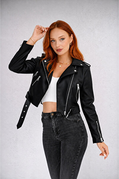 İLKCET MODA Μαύρο Γυναικείο Μπουφάν Στενής Γραμμής με Λεπτομέρεια Φερμουάρ στ...
