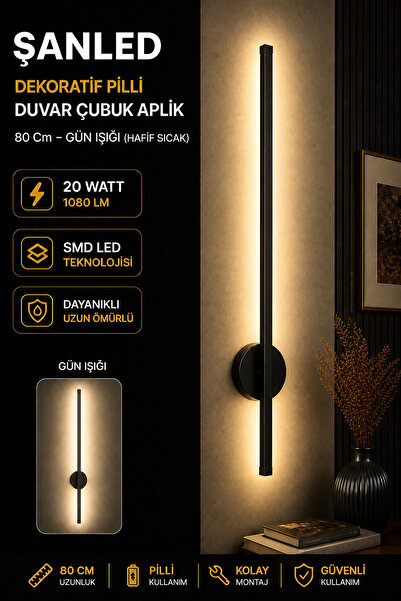 ŞANLED Dekoratif 20W İç Mekan Siyah Kasa 80 cm Duvar Aplik PİLLİ 1 Adet