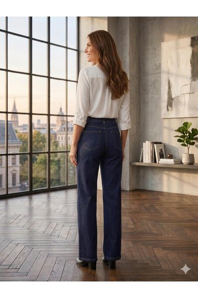 kotmodası Kadın Koyu Mavi Palazzo Salaş Paça Süper Yüksek Bel Jean Pantolon