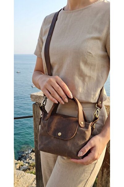 GALANDE Geantă mini tote din piele naturală și pânză