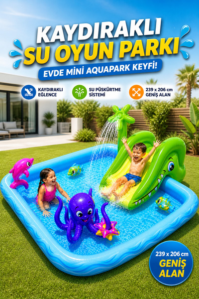 YILDIRIM OYUNCAK Kaydıraklı Oyunlu Şişme Çocuk Havuzu 239x206x86cm – Su Püskü...