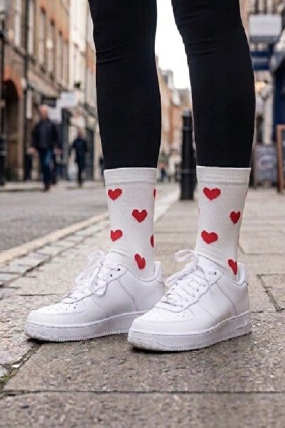 Panowill Design Women's Heart Patterned Cream Soft Long Socks
