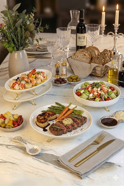 La Micellar Rocher 4 Piece Porcelain Presentation Set & Metal Leg Bowl Boat Plate Serving Set