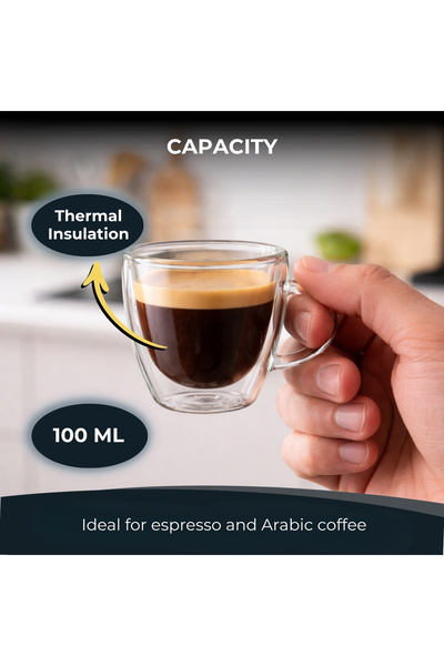 Blackstone Double Wall Demitasse Glass Cups Set of 2, 100 ML Clear Espresso Coffee Cups with Handle for Hot and Cold Drinks, DH902