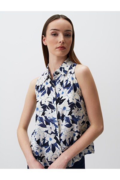 Jimmy Key Cămașă albastră din in, fără mâneci, cu modele florale