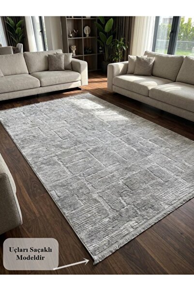 NaRStore Home Aksu Saçaklı Stan Gri Kaymaz Tabanlı Kesme Kabartmalı Salon Kor...