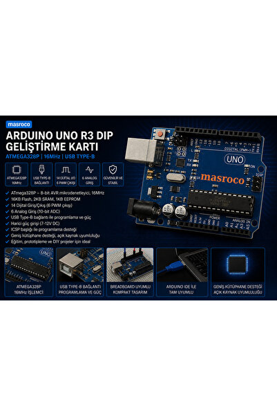 Arduino UNO R3 DIP ATmega328P CH340G (Header + USB Kablo Dahil)