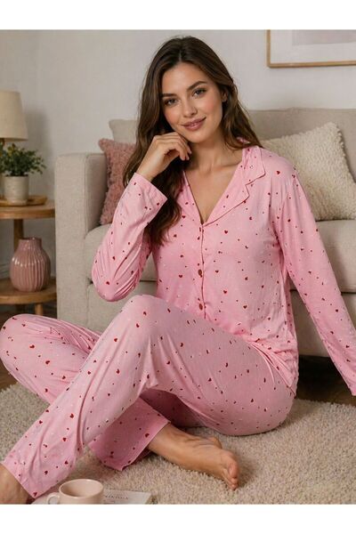 NOCHES PYJAMAS طقم بيجامة نسائي بأكمام طويلة وأزرار كاملة من قماش ميلان النحيف
