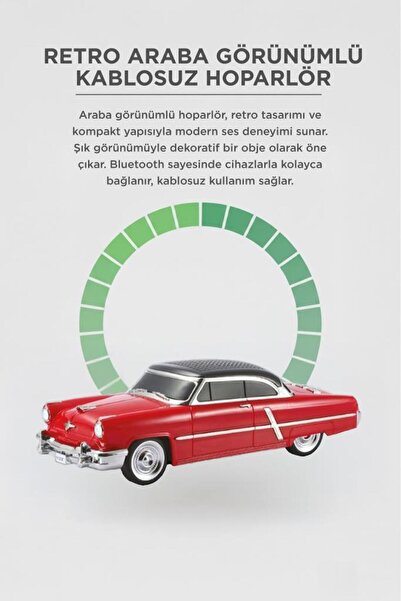 Torima Bluetooth Hoparlör Retro Klasik Araba Tasarımlı 10W FM USB Speaker D85 Kırmızı
