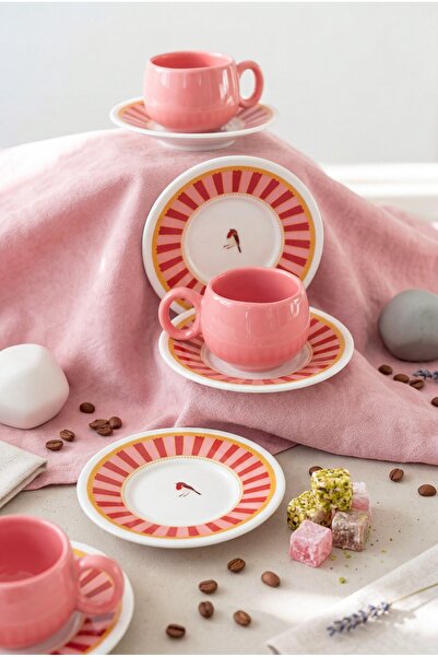 Erbaşlar Love Bırd Pembe Seri Tombul 12 Parça Kahve Fincan Takımı-1