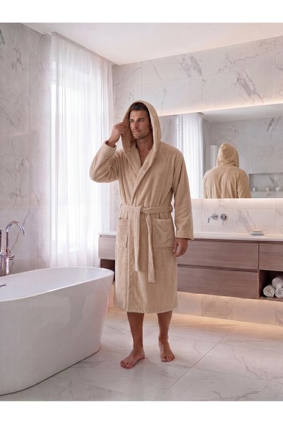 AİRYCOT Kapüşonlu Sütlü Kahve Kadın/Erkek Unısex Ev, Otel, Spa, Banyo Bornoz Tek Parça