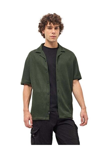The Bear House Men's Dark Green Self Design Regular Fit Casual Shirt for Ever...