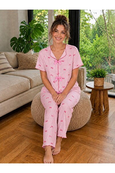 rindahomewear طقم بيجامة من قماش بوروموكو بفيونكة مخططة باللون الوردي للأطفال