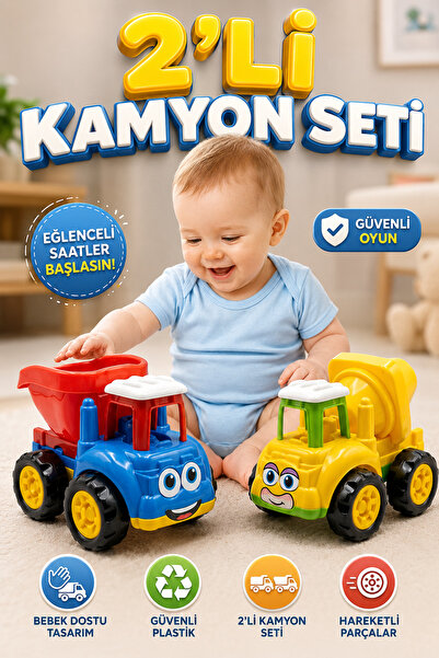 viyol marketim 2’li Sürtmeli Kırılmaz Oyuncak Kamyon Seti – Mikser ve Damperl...