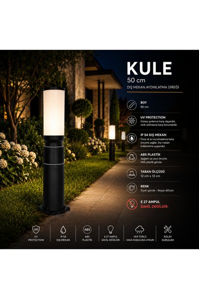SeKaTech ZİTA Kule Uzun 50 Cm Dekoratif Bahçe Yol Aydınlatma Siyah Ip54