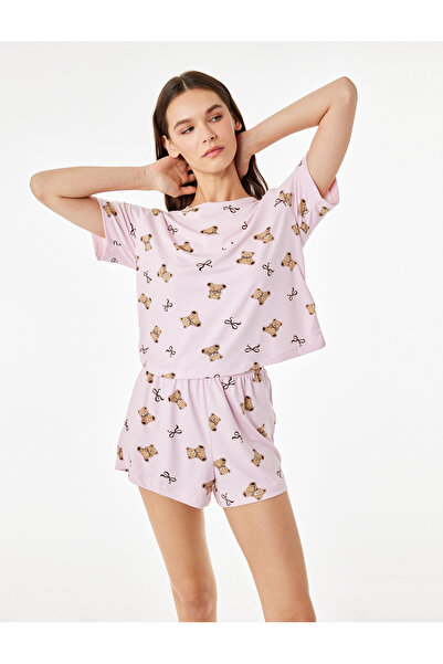 Koton Desenli Kısa Kollu Bisiklet Yaka Şortlu Pijama Takımı
