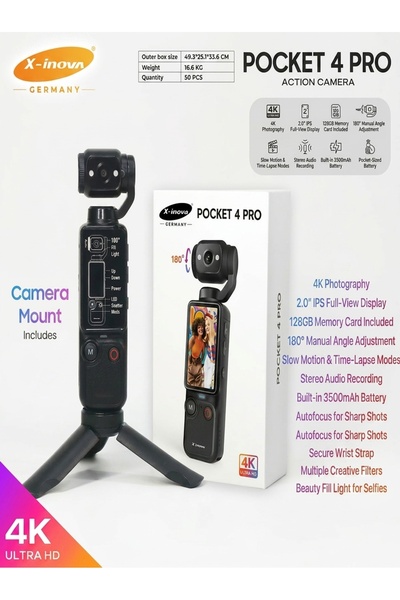 X inova Pocket 4 PRO 4K HD Action Camera, 180 Degree Rotating Lens Video Camera