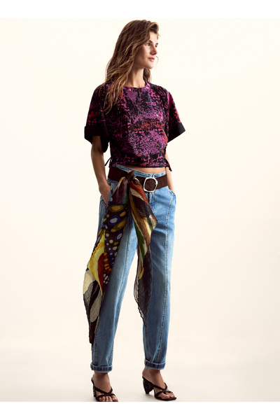 Desigual Siyah - Pembe Kadın Bisiklet Yaka Standart Fit T-Shirt 26SWTK26