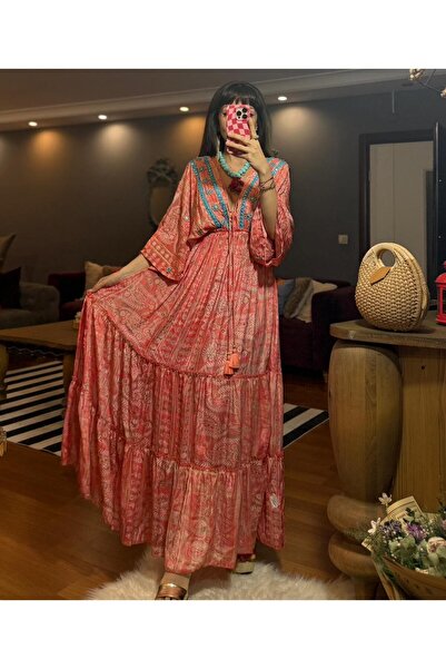 moda gk Boncuk Detaylı Parlak Desenli Helen ipek Elbise