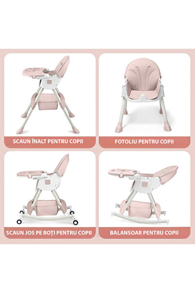 figga Scaun de masa bebe 4 in 1 FiGGA®, Varsta 6-72 luni, Scaun inalt pliabil, cu 4 roti, Balansoar, 2 x Tava detasabila, Centura de siguranta in cinci puncte, Roz