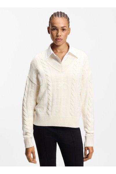 HUGO Ekru Kadın V Oversize Logo Baskılı Kazak 50554075