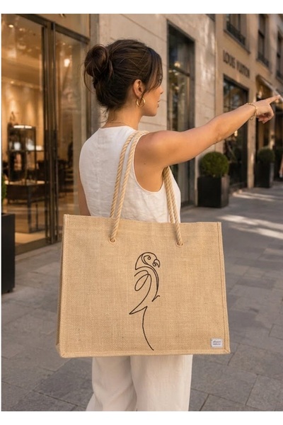 Ju Yaratıcı Tasarım Organic Straw Beach and Daily Shoulder Bag Parrot