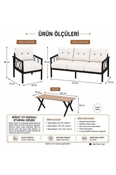 UFUK HOME Miray 311 Masalı Gri Fermuarlı Bahçe Balkon Takımı, Salon, Teras- Berjer Düğmeli Metal Çay Seti