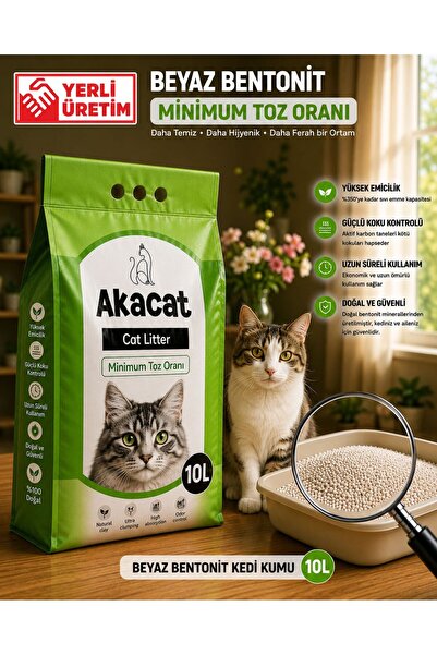 AKACAT 10 Lt Beyaz Bentonit Doğal %100 Topaklaşan Ince Taneli Kedi Kumu