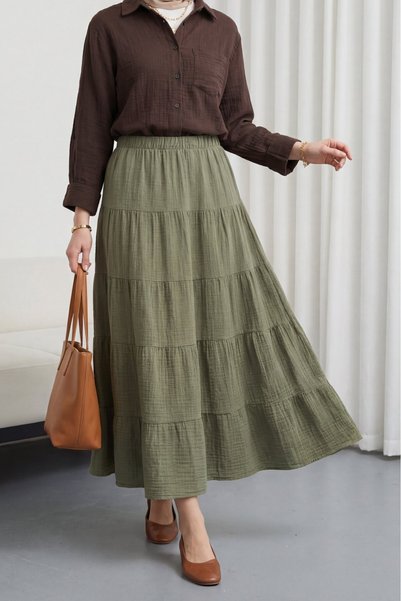 Modamorfo Elastic Waist Muslin Skirt -Khaki