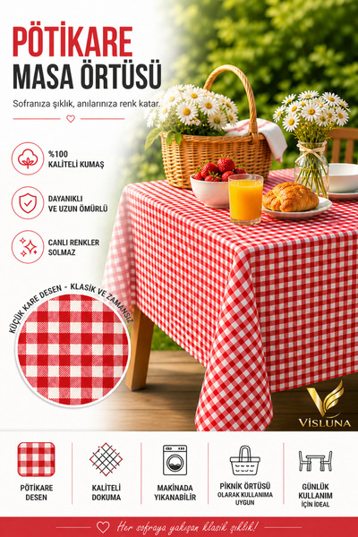 VİSLUNA Pötikare Masa Örtüsü 150x150 cm – Piknik & Sofra Bezi, Kolay Temizlenir
