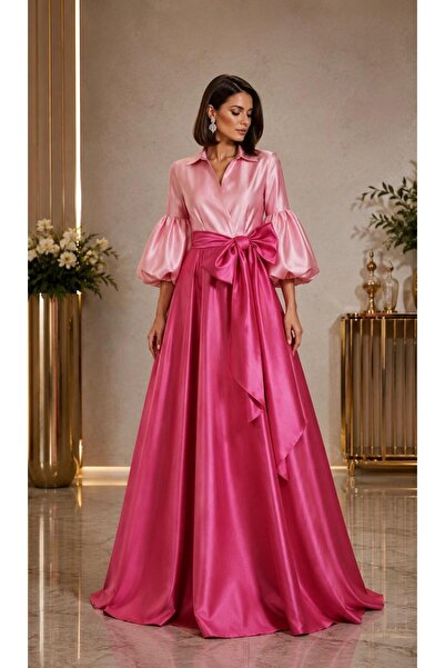 SERAVENZA COUTURE فستان قميص أنيق بأكمام بالون كبيرة الحجم ولونين COU-24