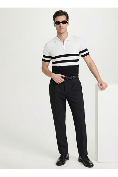 Fabrika Siyah - Beyaz Erkek Çizgili Slim Fit Triko Kazak F6SM-KZK 2550