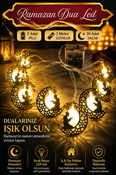 nextbuy Ramazan Dua Temalı Metal Led Işık 2x Pilli 10 Saçaklı Cam Perde Dekor...