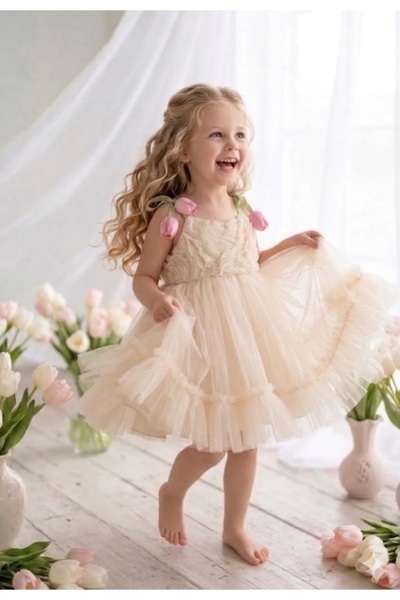 SweetMe Rochie pentru fetițe, rochie de seară, cu umeri, detaliu floral 3D, r...