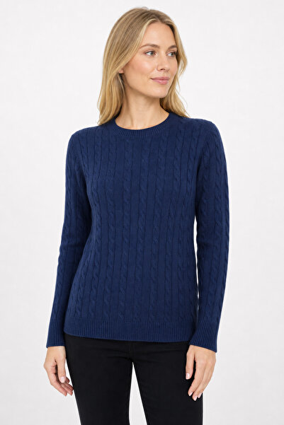 Desen Triko Women's Crew Neck Braided Sweater Y.A Navy Blue