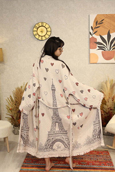 Befera Design Müslin Kimono %100 Pamuklu Eyfel Kulesi Desenli Jakarlı Bornoz ...