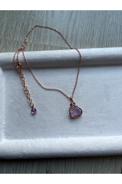 Pel Design Ham Ametist Taşı Bakır Rose Gold Kaplama Sarmal Kolye ( TEK ADET)