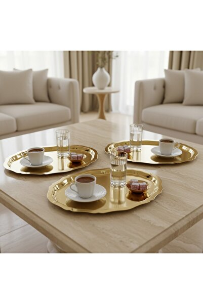 FABRIONA TEK TARAFLI GOLD 6'Lı Çelik Tepsi Oval Model Kahve Çay Söz Nişan Lokum Servis Sunum Tepsisi İkramlık